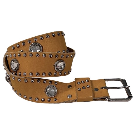 VINTAGE Leather Rhinestone Studded Belt Size 32 - Picture 1 of 7